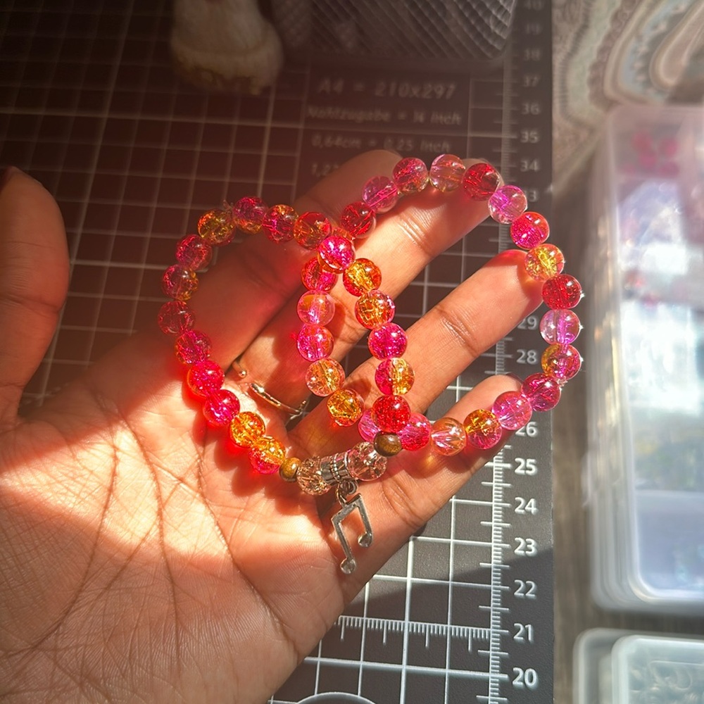Pink Yellow and Red Stretchy Beaded Bracelet for Women/Girls with Charm